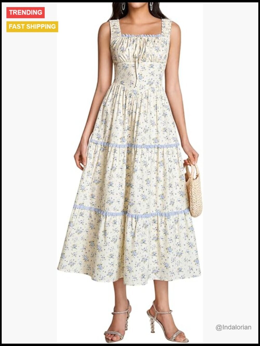 Lace Tiered Corset Milkmaid Midi Dress Flowy A-Line Square Neck